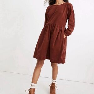 Madewell Rust Corduroy Long-Sleeve Gathered-Waist Dress